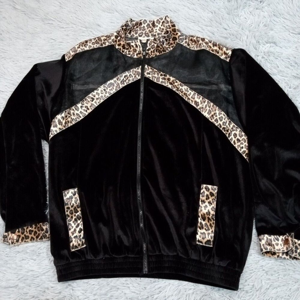 Vintage Rio Jacket Womens Black 1X Track Zip Up Sheer Animal Print 70's Disco